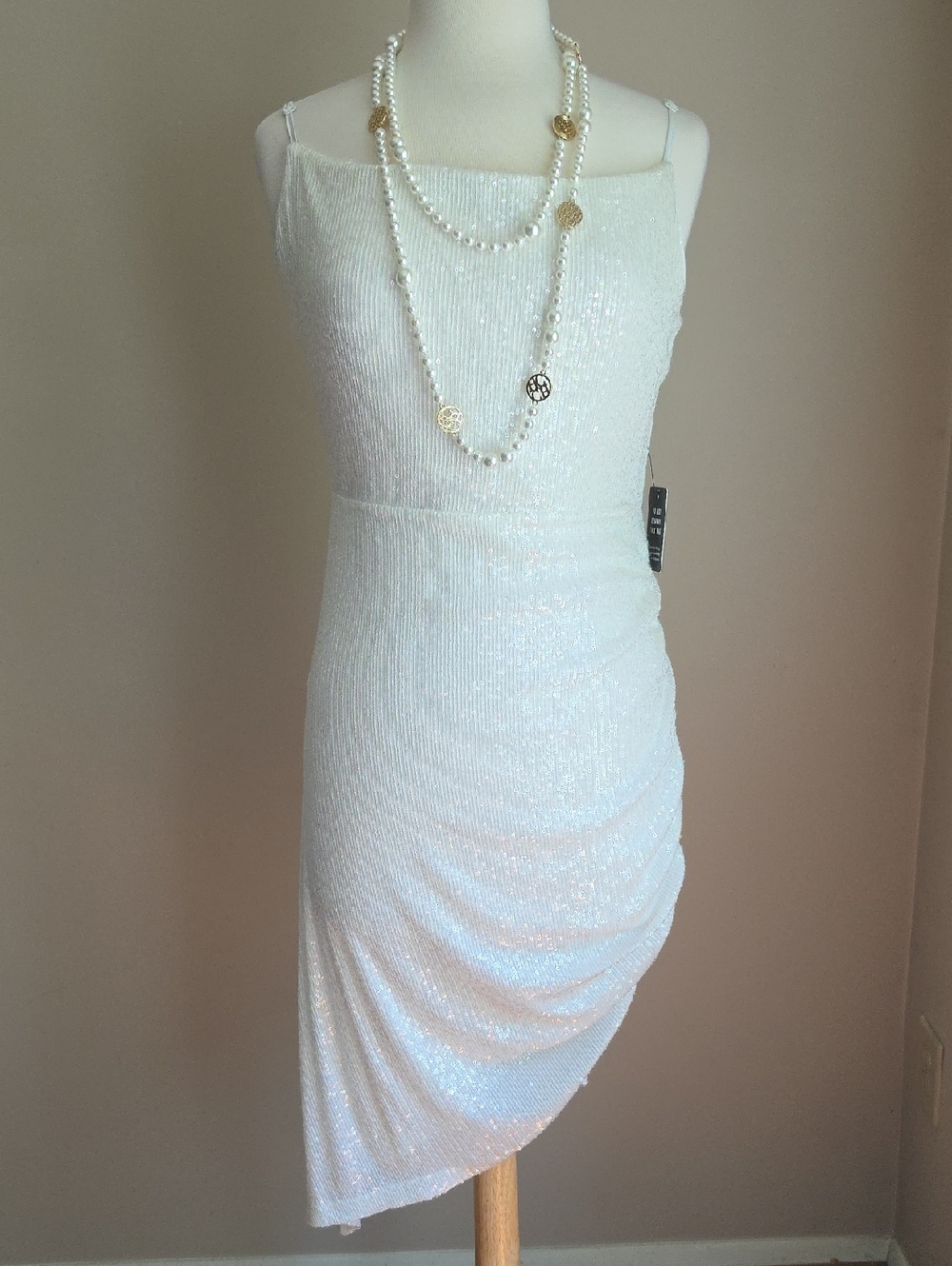 White Sequin Spaghetti-Strap Ruched Dress